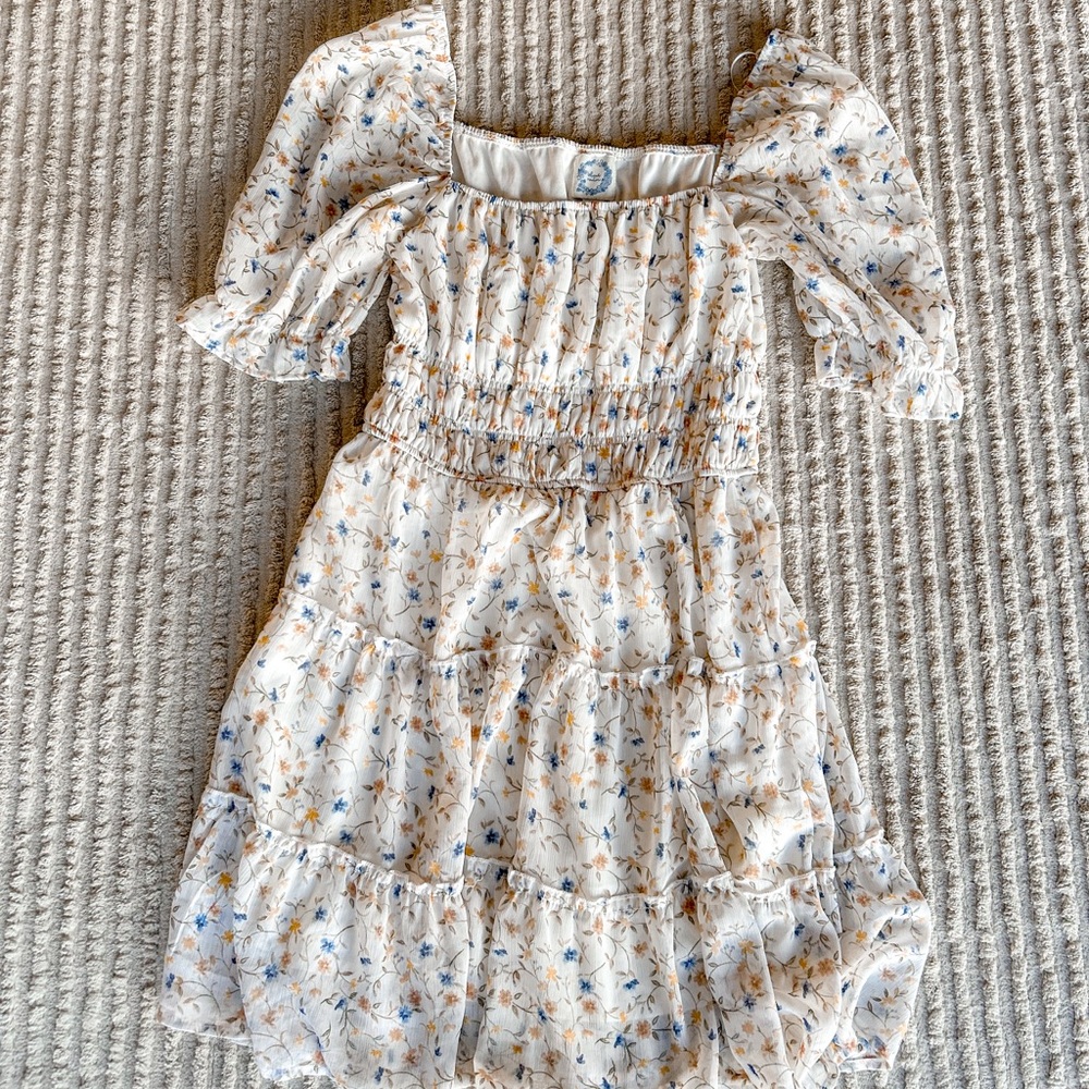 Blue Rain Floral Puff Sleeve Dress